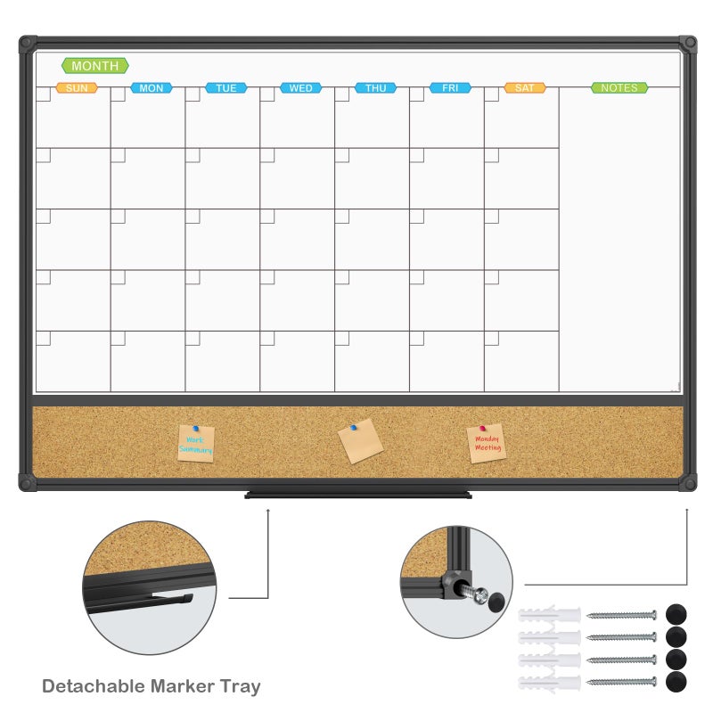 JILoffice Magnetic Calendar Whiteboard & Bulletin Corkboard Combination, Combo Board 36 x 24 Inch, Black Aluminum Frame Wall Mounted Board for Office Home and School with 10 Push Pins - Image 2